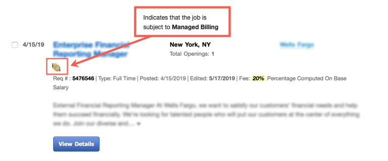 Managed Billing icon on Job Search page